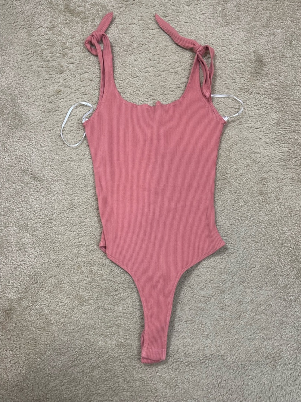 Lulu's Rose Pink Ribbed Tie-Shoulder Bodysuit